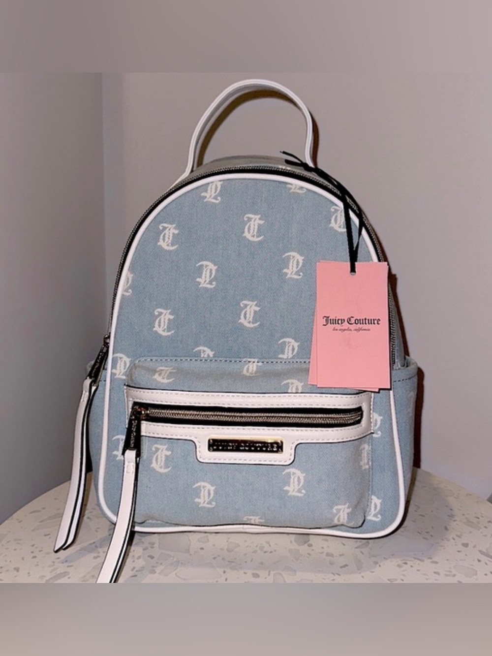 Juicy Couture Light Blue Monogram Mini Backpack with White Trim